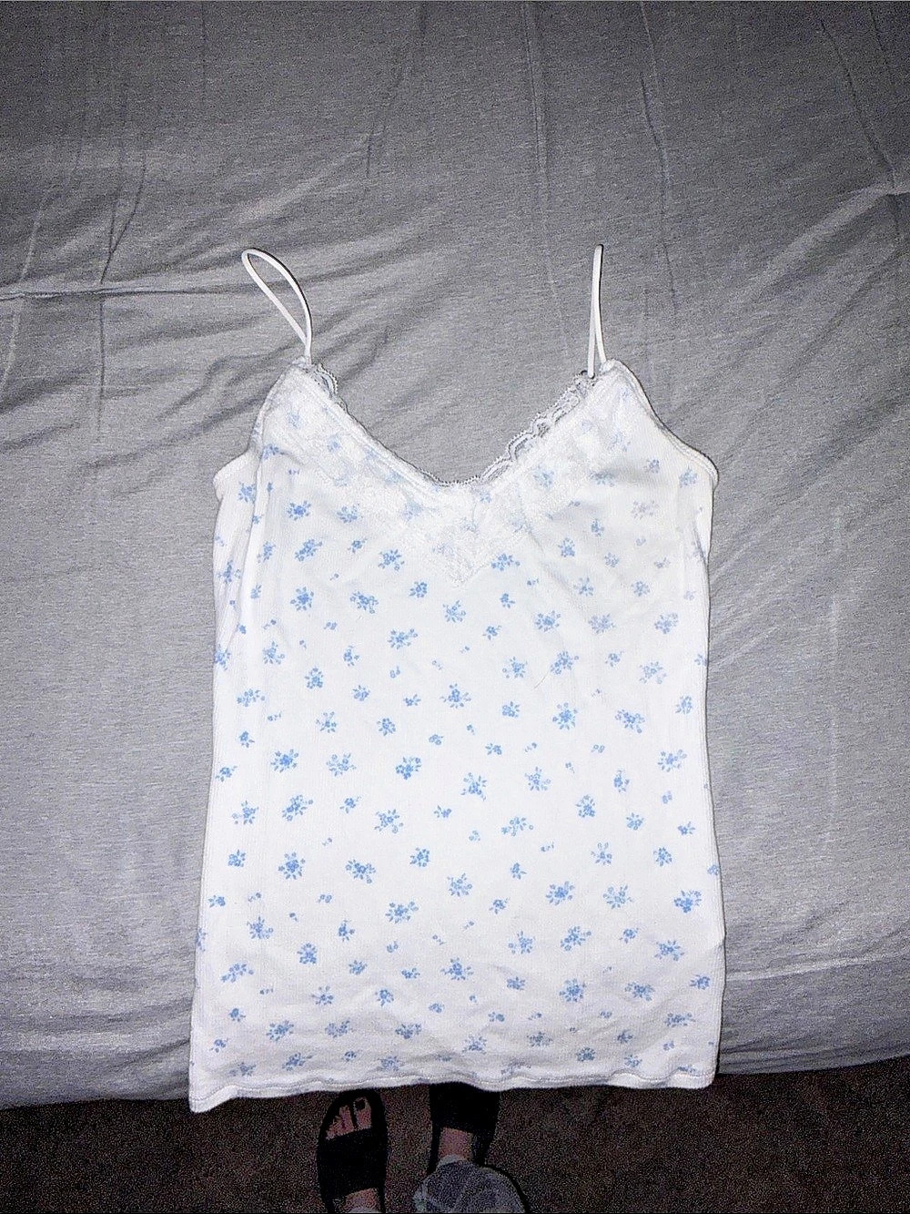 Hollister Rib Lace Trim Cami Floral White & Blue Small